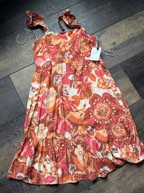 Japna Girls Floral Tie-Shoulder Dress - Pink, Orange & Brown